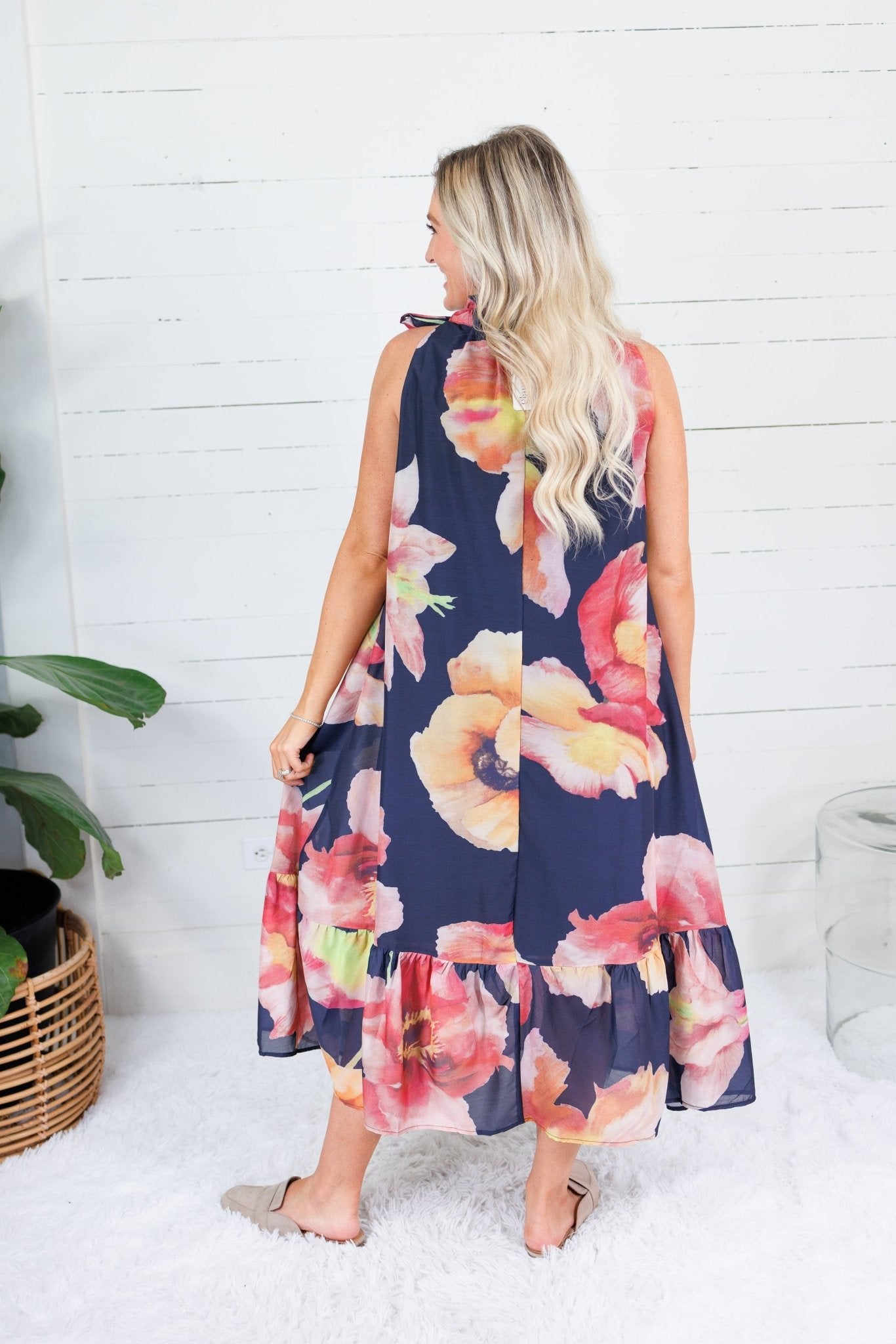 Sophia Navy Floral Ruffle Neck Midi Dress Glam
