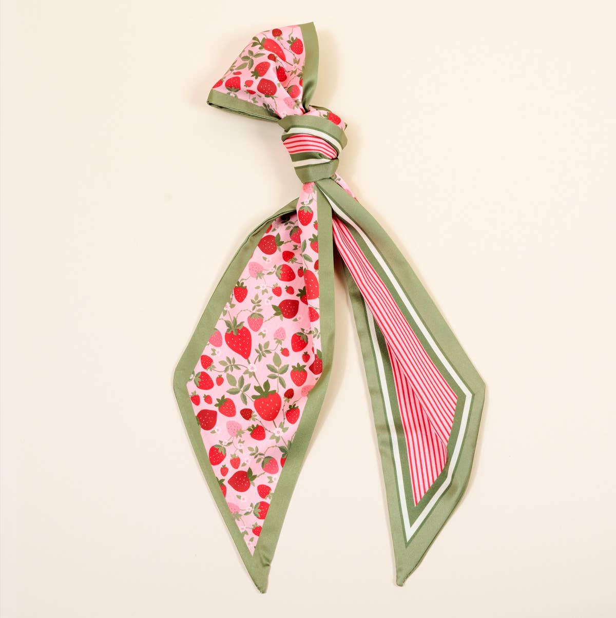 Twilly scarf with strawberries on one side and stripes on the other