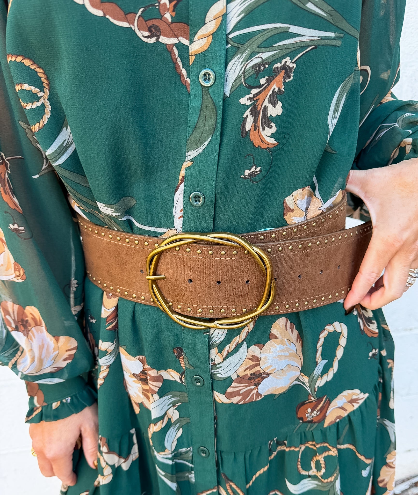 Suede Wide Brown Belt with Oversized Twisted Buckle