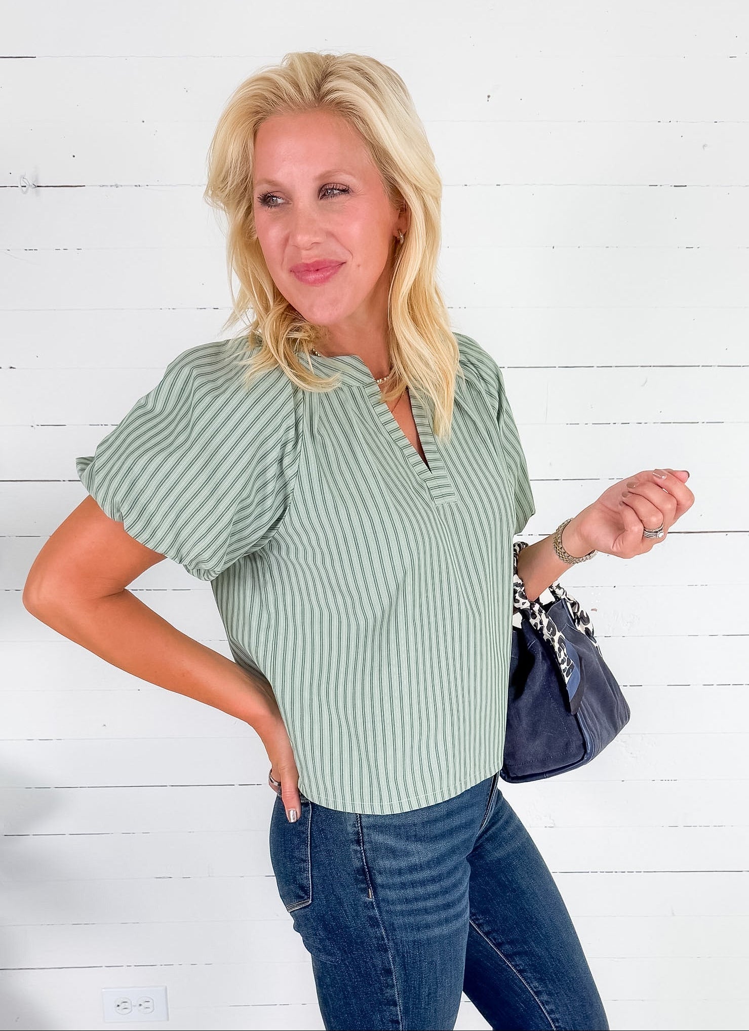 Sykes Sage Striped Popover Top Wishlist