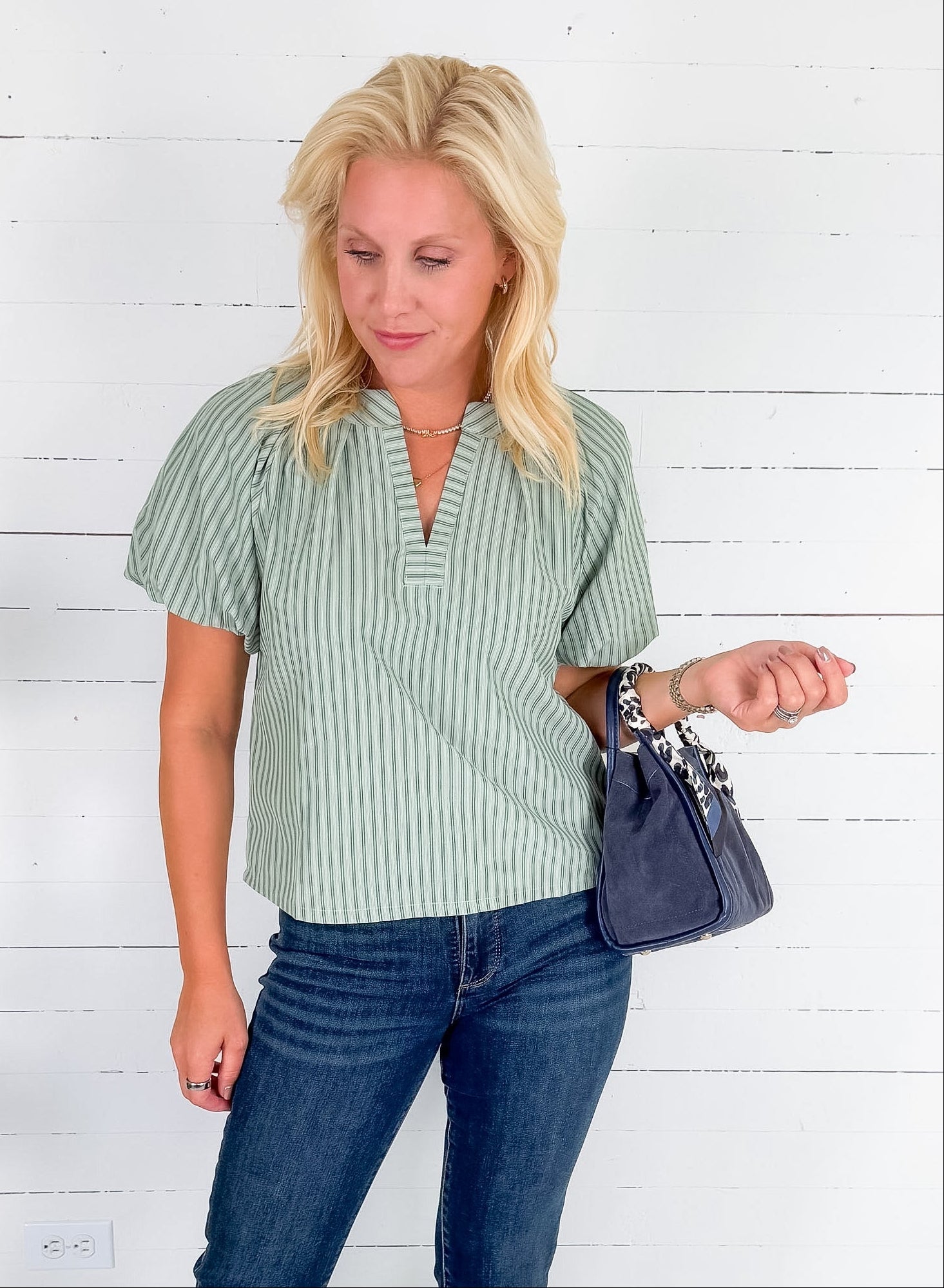 Sykes Sage Striped Popover Top Wishlist