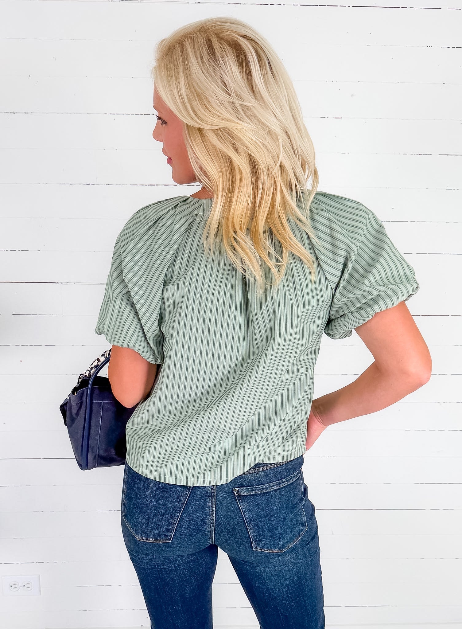 Sykes Sage Striped Popover Top Wishlist