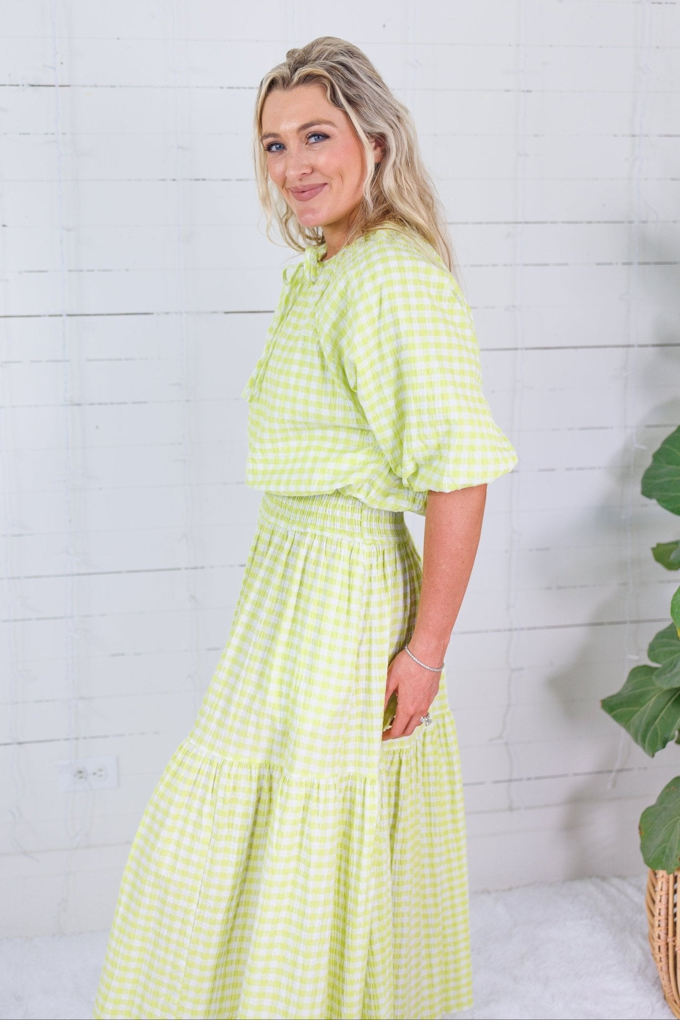 Tatum Limeade Seersucker Gingham Bubble Top Adrienne