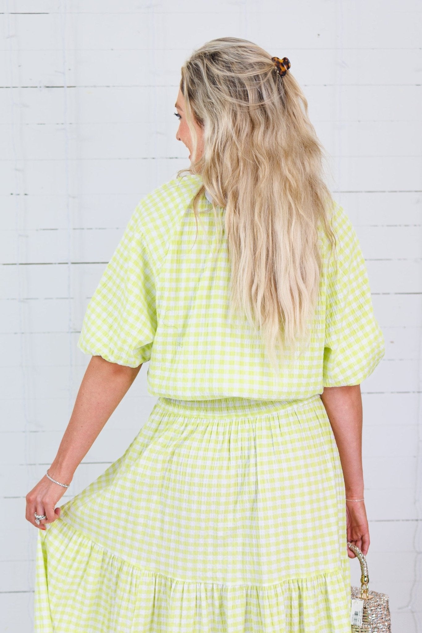 Tatum Limeade Seersucker Gingham Bubble Top Adrienne