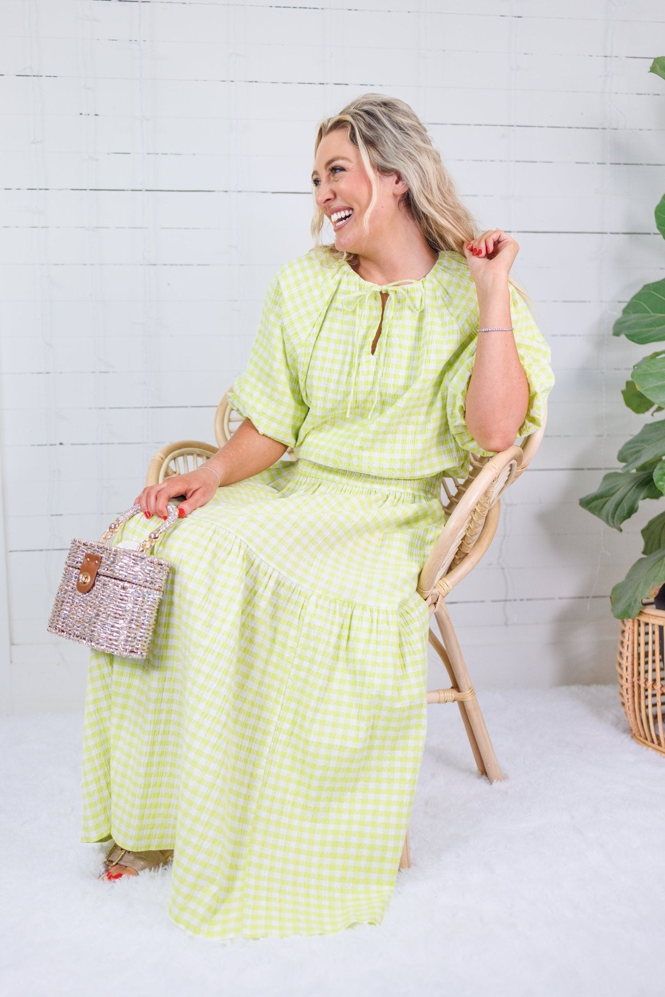 Tatum Limeade Seersucker Gingham Bubble Top Adrienne