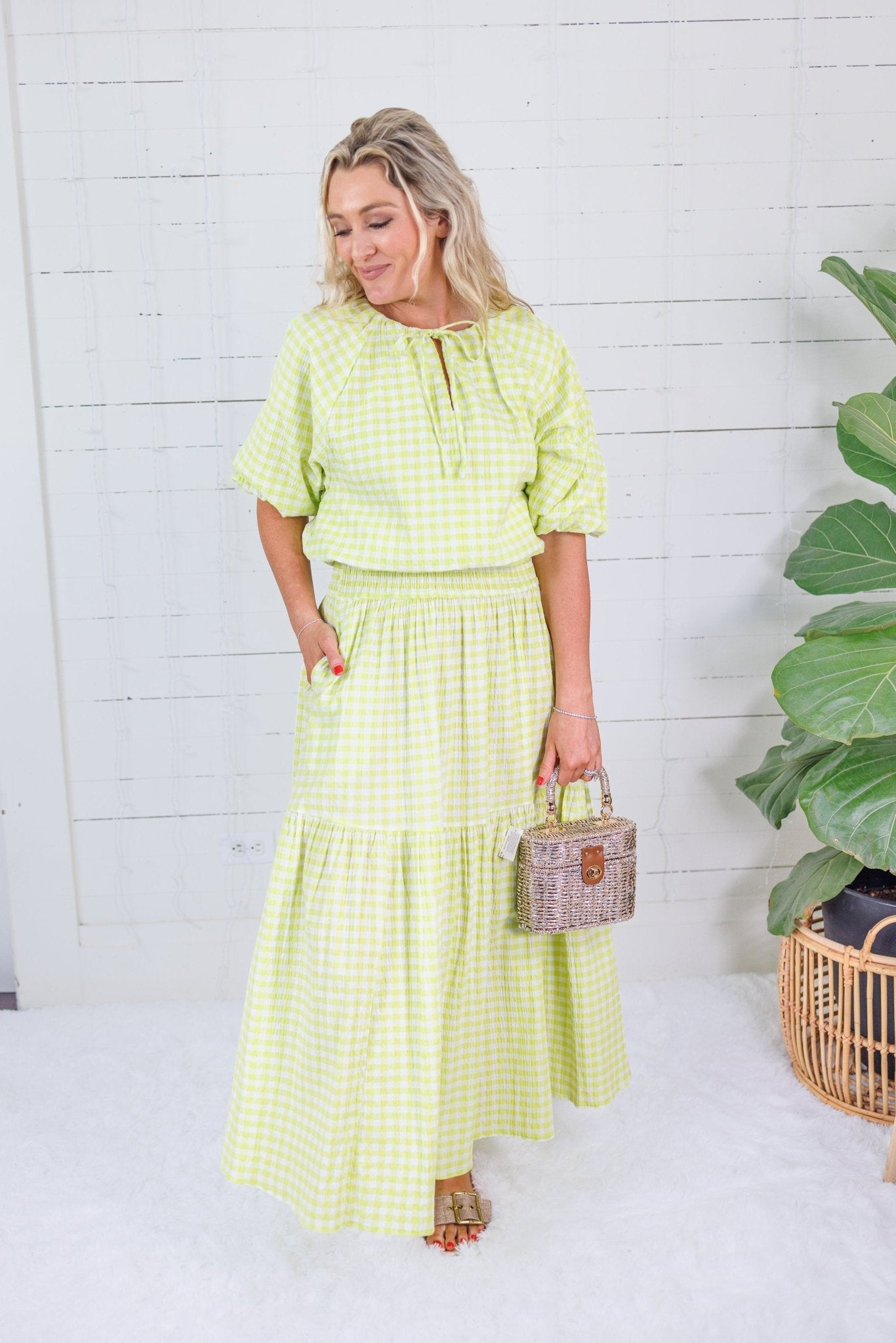 Tatum Limeade Seersucker Gingham Bubble Top Adrienne