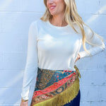 Teal Peacock Print Fringe Scarf 