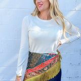 Teal Peacock Print Fringe Scarf 