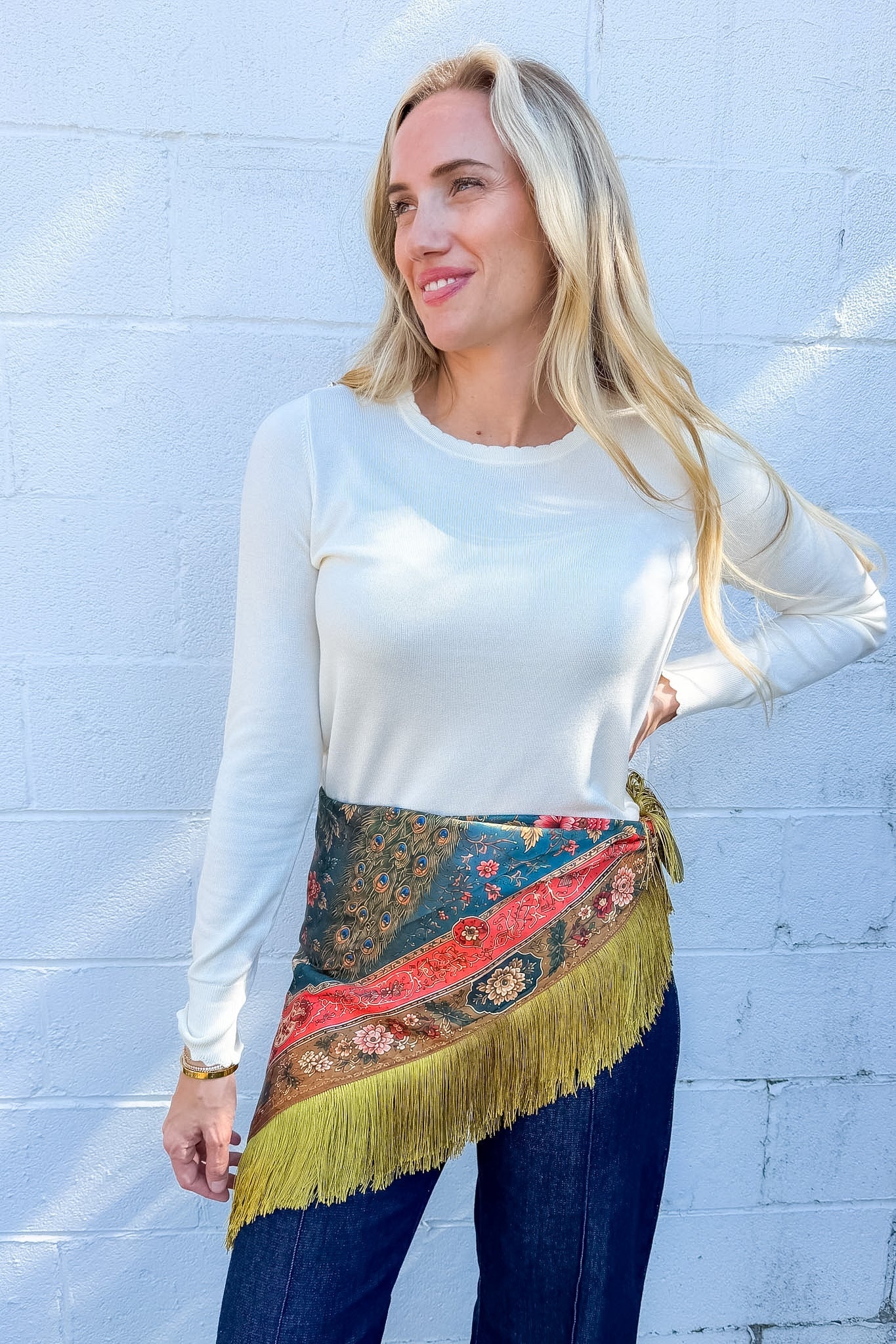 Teal Peacock Print Fringe Scarf 