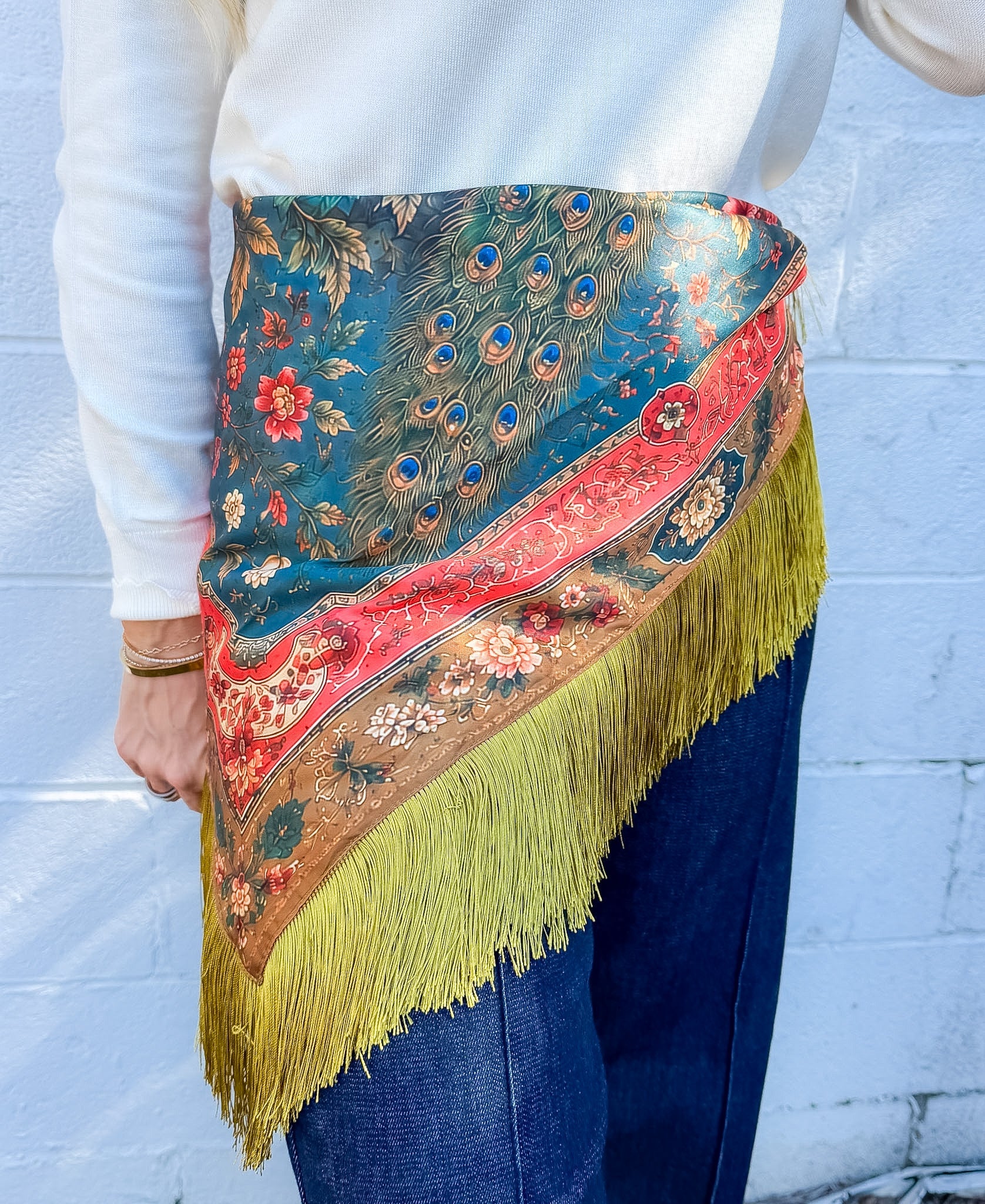 Teal Peacock Print Fringe Scarf 