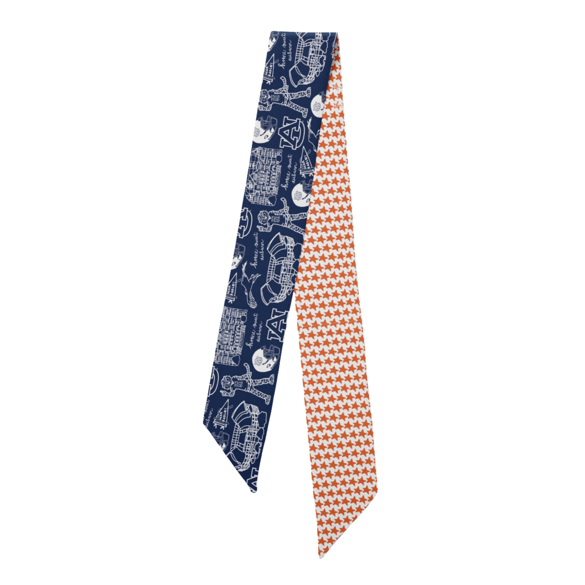 Navy and orange patterned tie on a white background