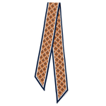 A patterned silk necktie with a repeating fleur-de-lis motif in orange, brown, and black, bordered by navy blue and white stripes, shown on a plain white background.