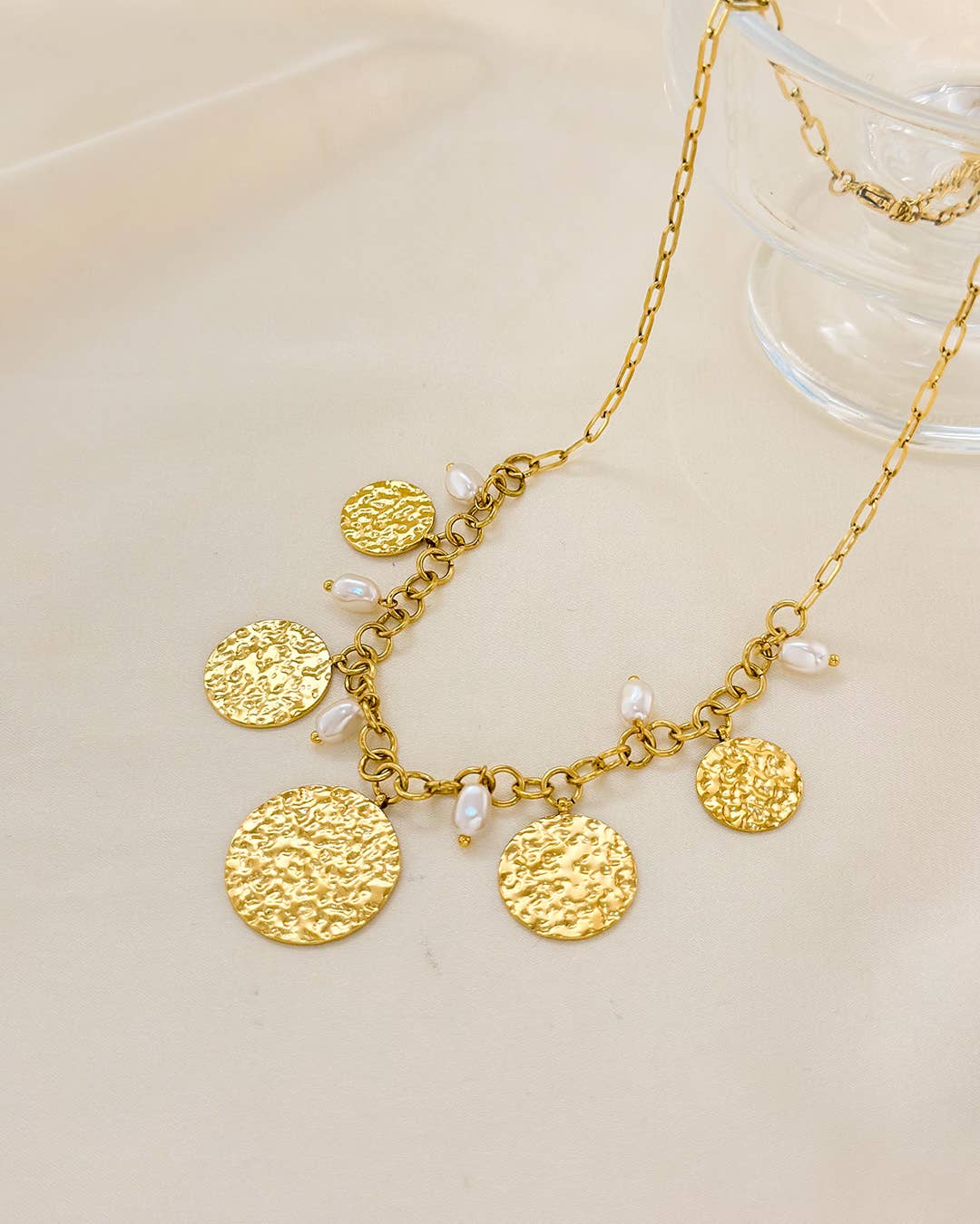 Thick Chain Gold Necklace with Pearls and Discs - A3 Accessories - Jewelry - Clover + Bee