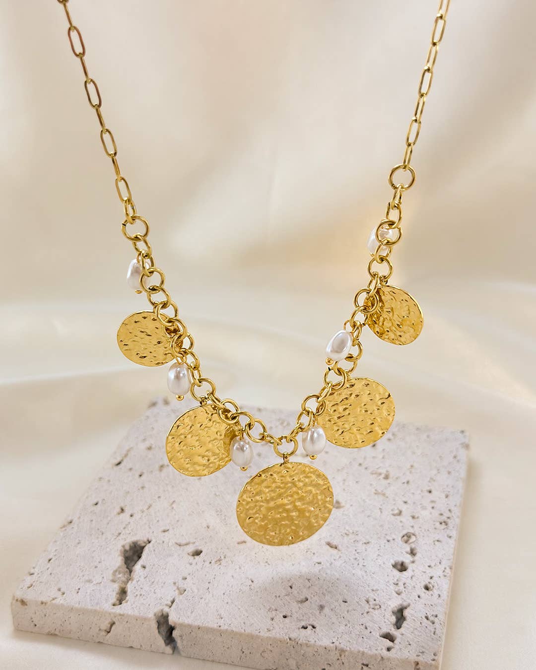 Thick Chain Gold Necklace with Pearls and Discs - A3 Accessories - Jewelry - Clover + Bee