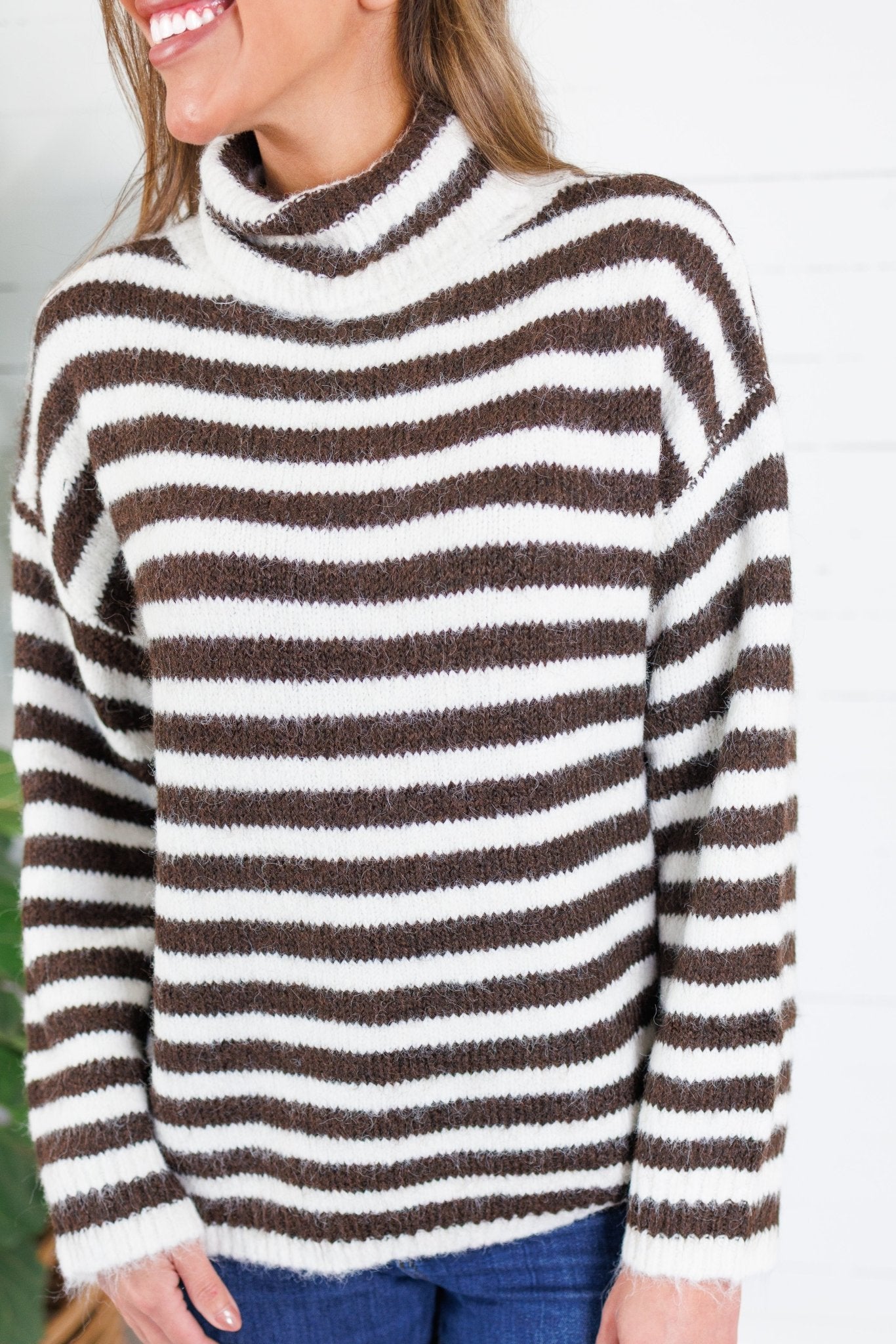 Tillie Chocolate + Off White Striped Turtleneck Sweater Molly Bracken