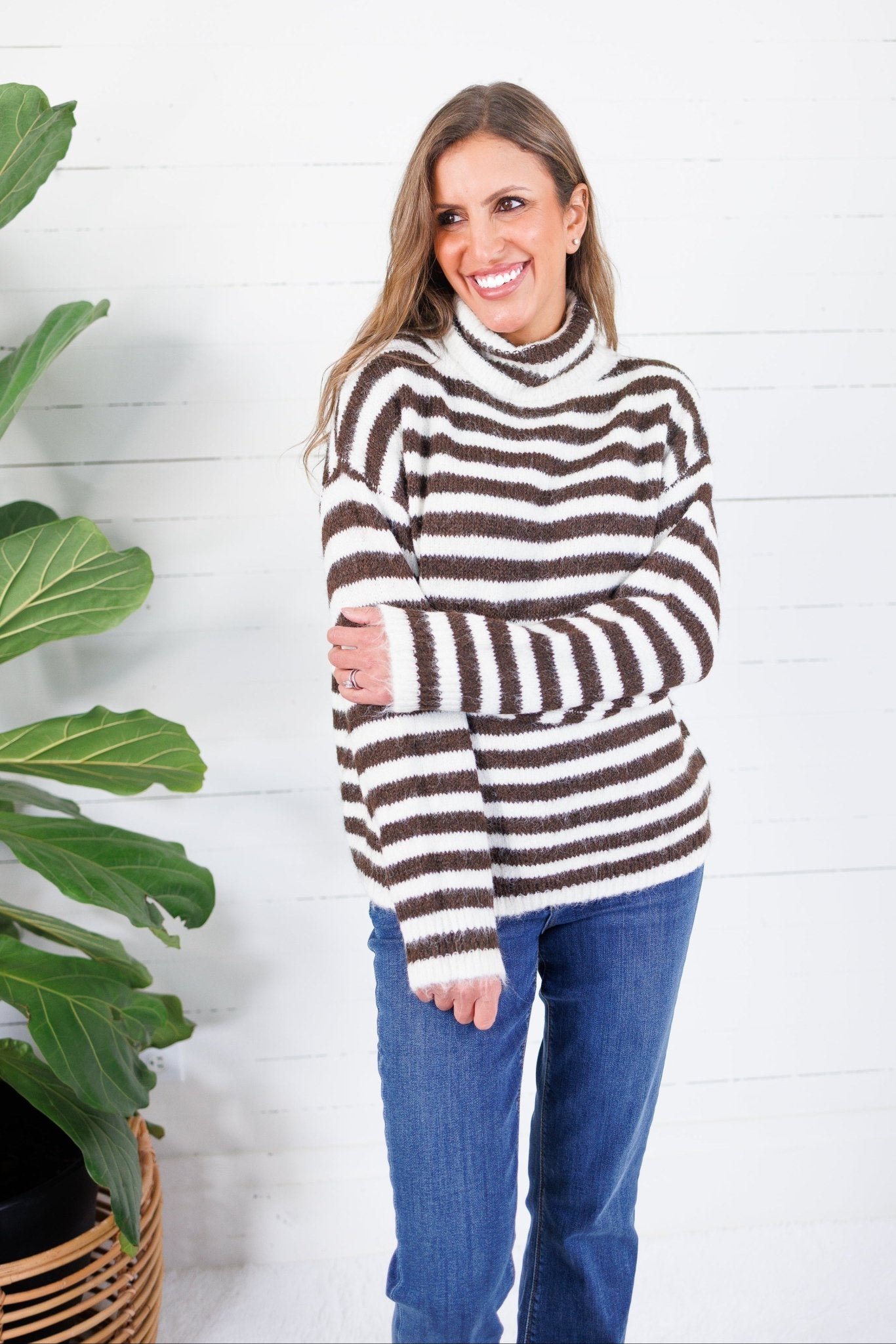 Tillie Chocolate + Off White Striped Turtleneck Sweater Molly Bracken