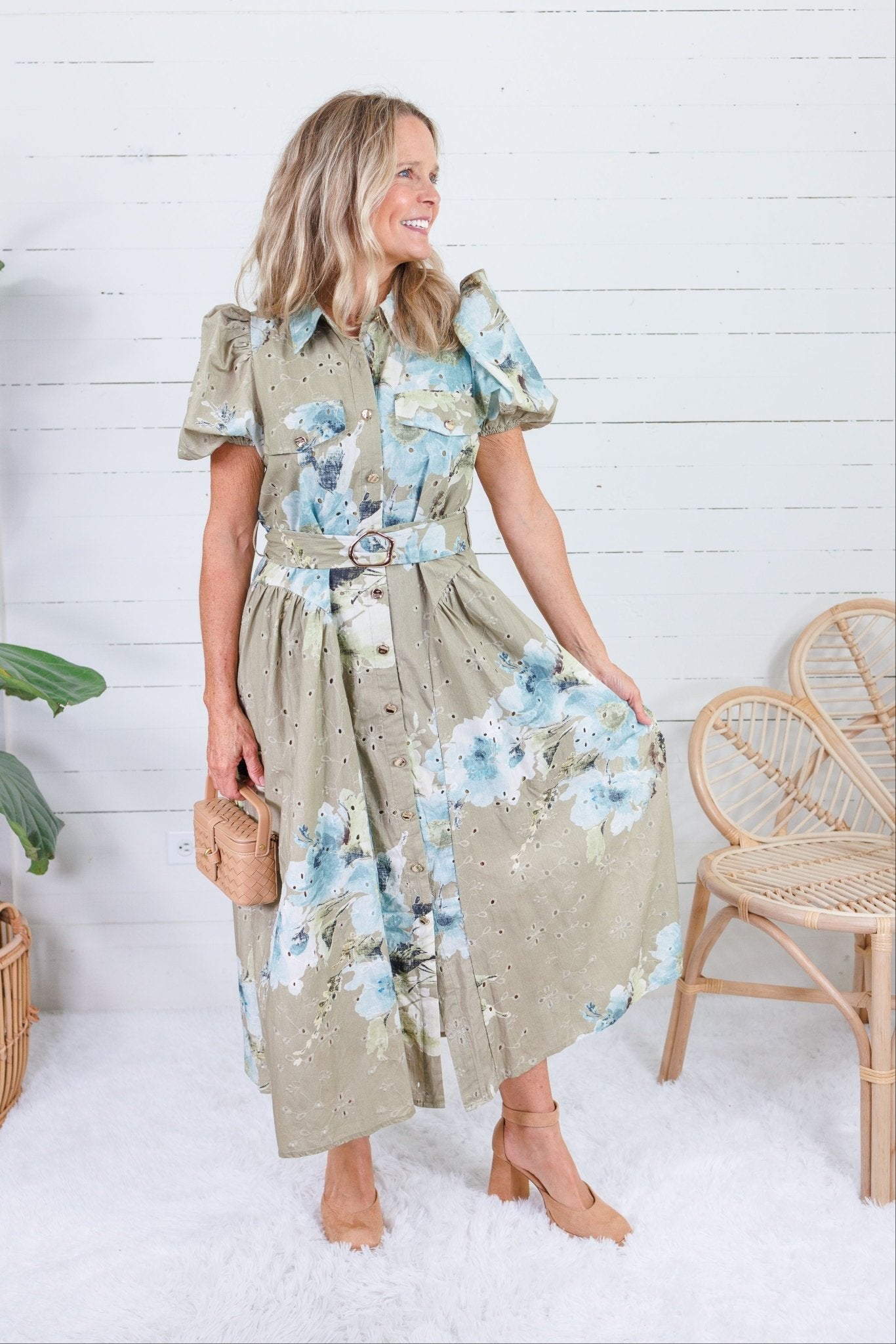 Tobie Olive Floral Eyelet Belted Dress