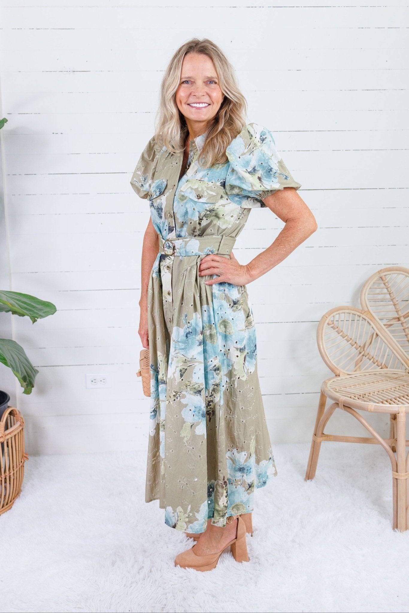 Tobie Olive Floral Eyelet Belted Dress