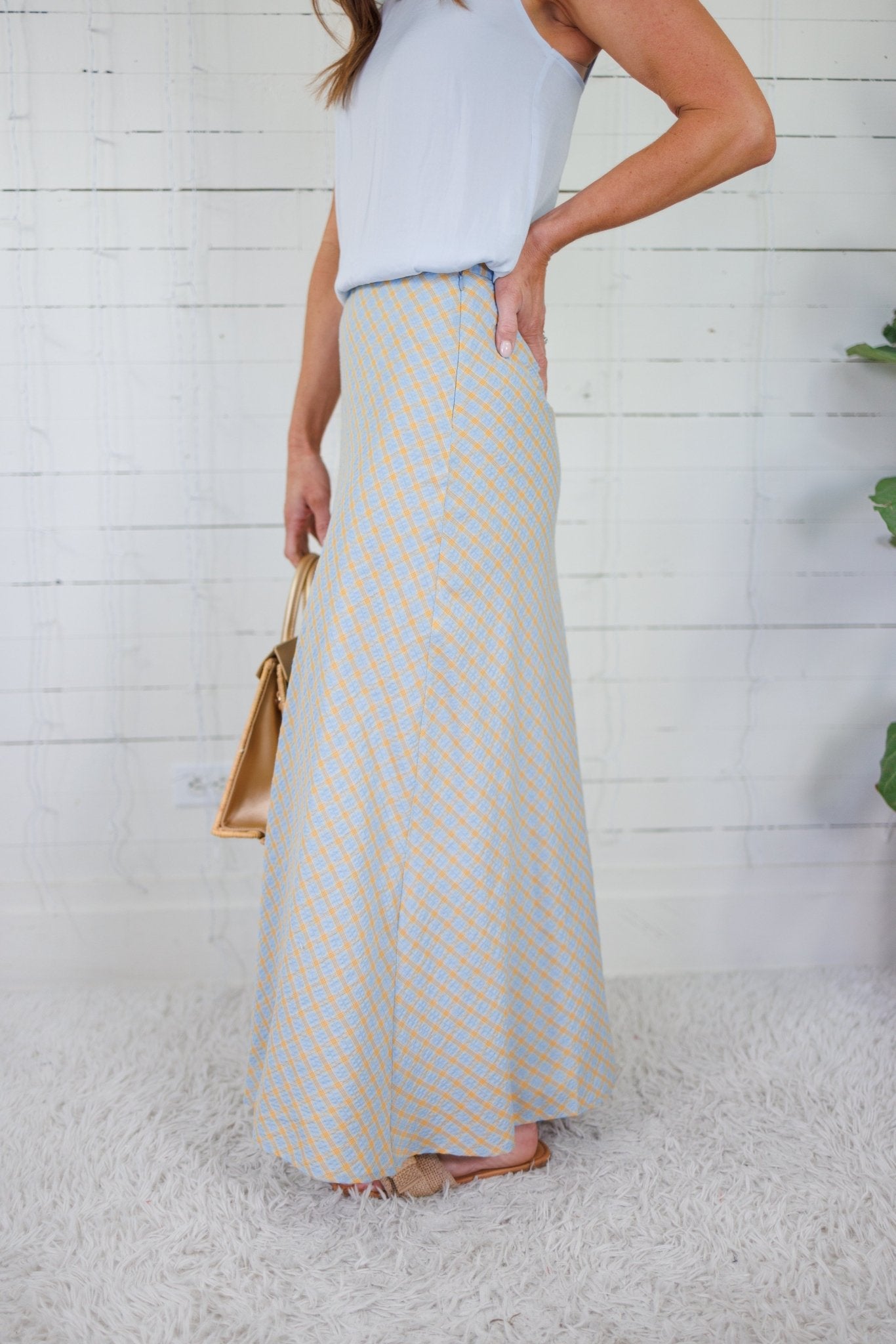 Tori Light Blue Checker Bias Maxi Skirt Things Between