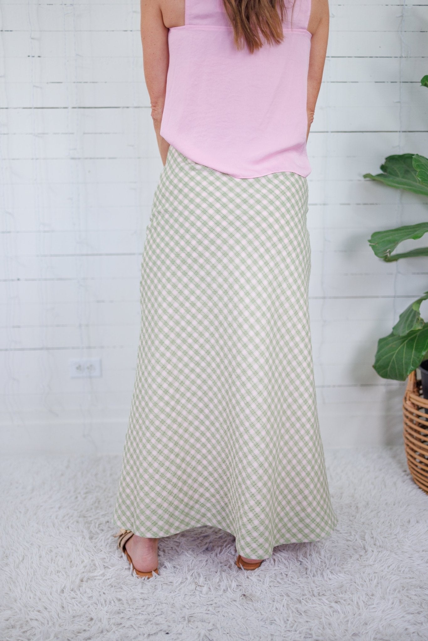 Tori Light Green Checker Bias Maxi Skirt Things Between
