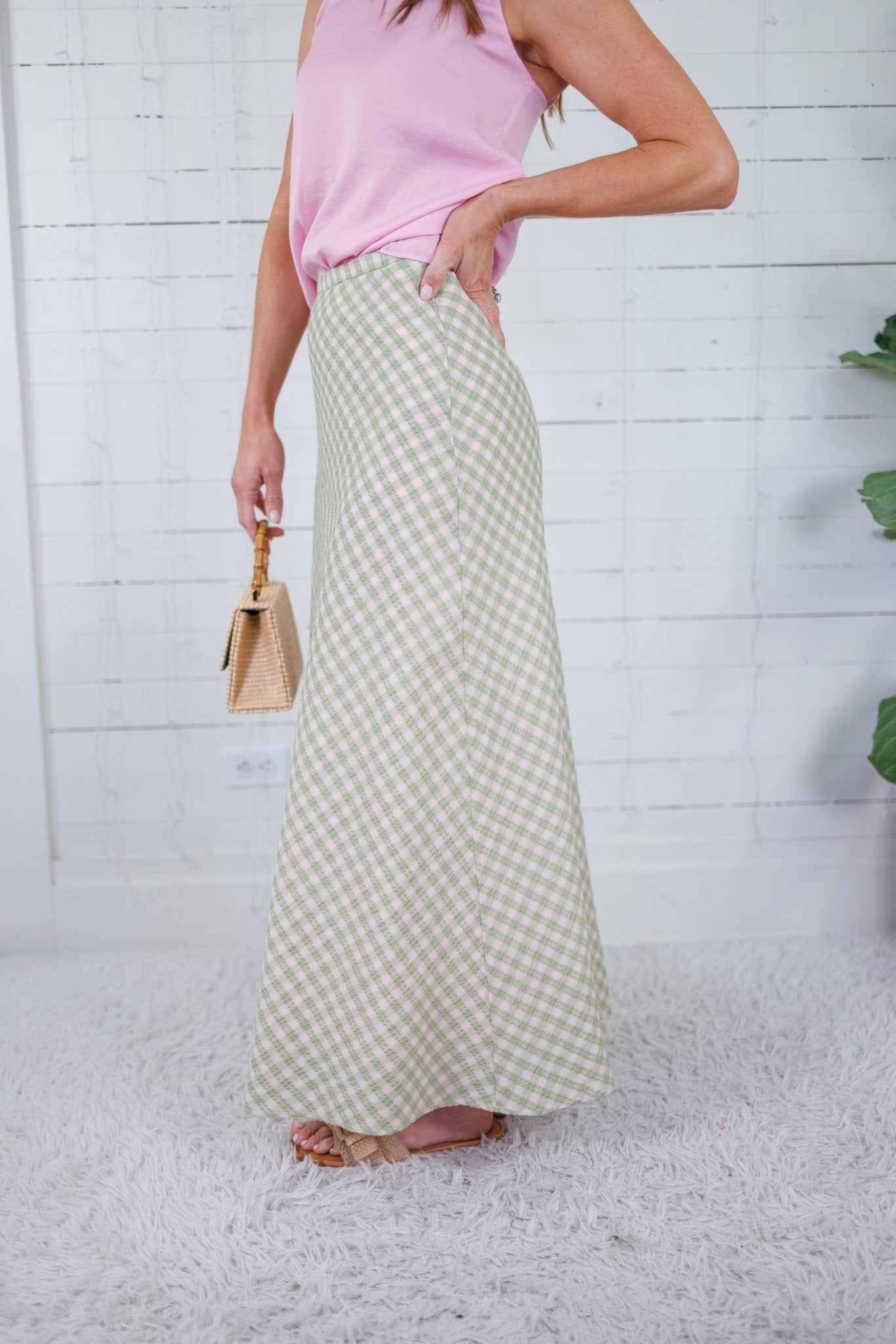 Tori Light Green Checker Bias Maxi Skirt Things Between