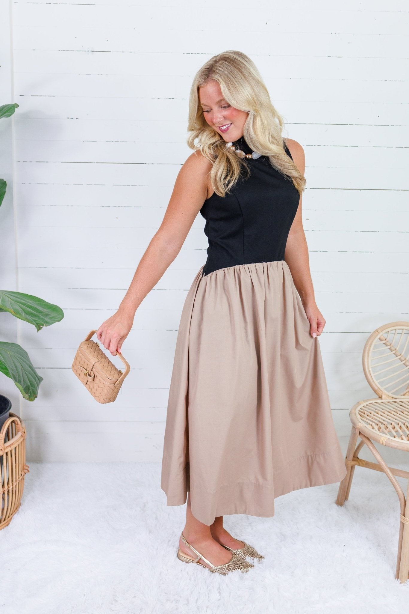 Troy Black Mock Neck + Khaki Poplin Dress