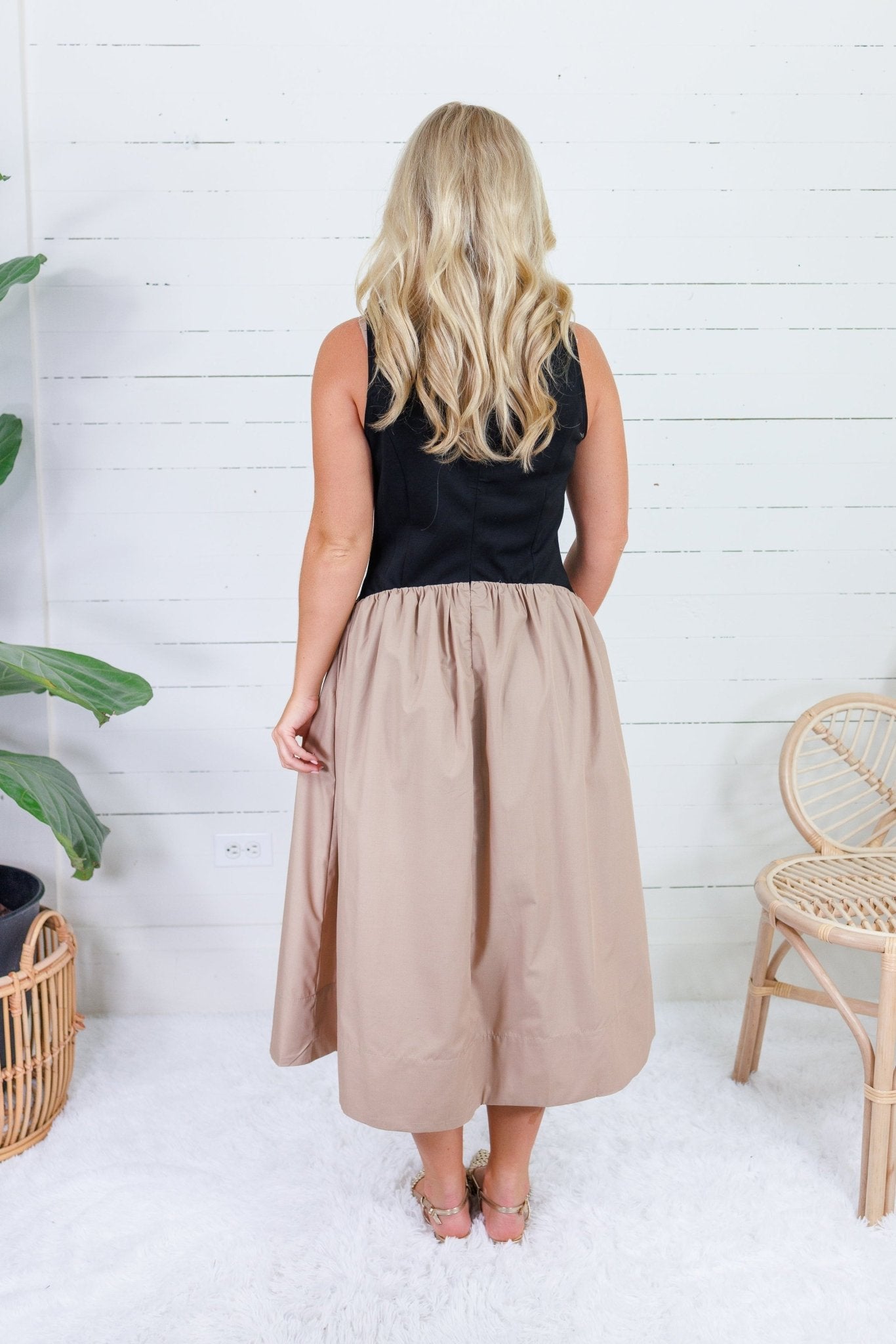 Troy Black Mock Neck + Khaki Poplin Dress