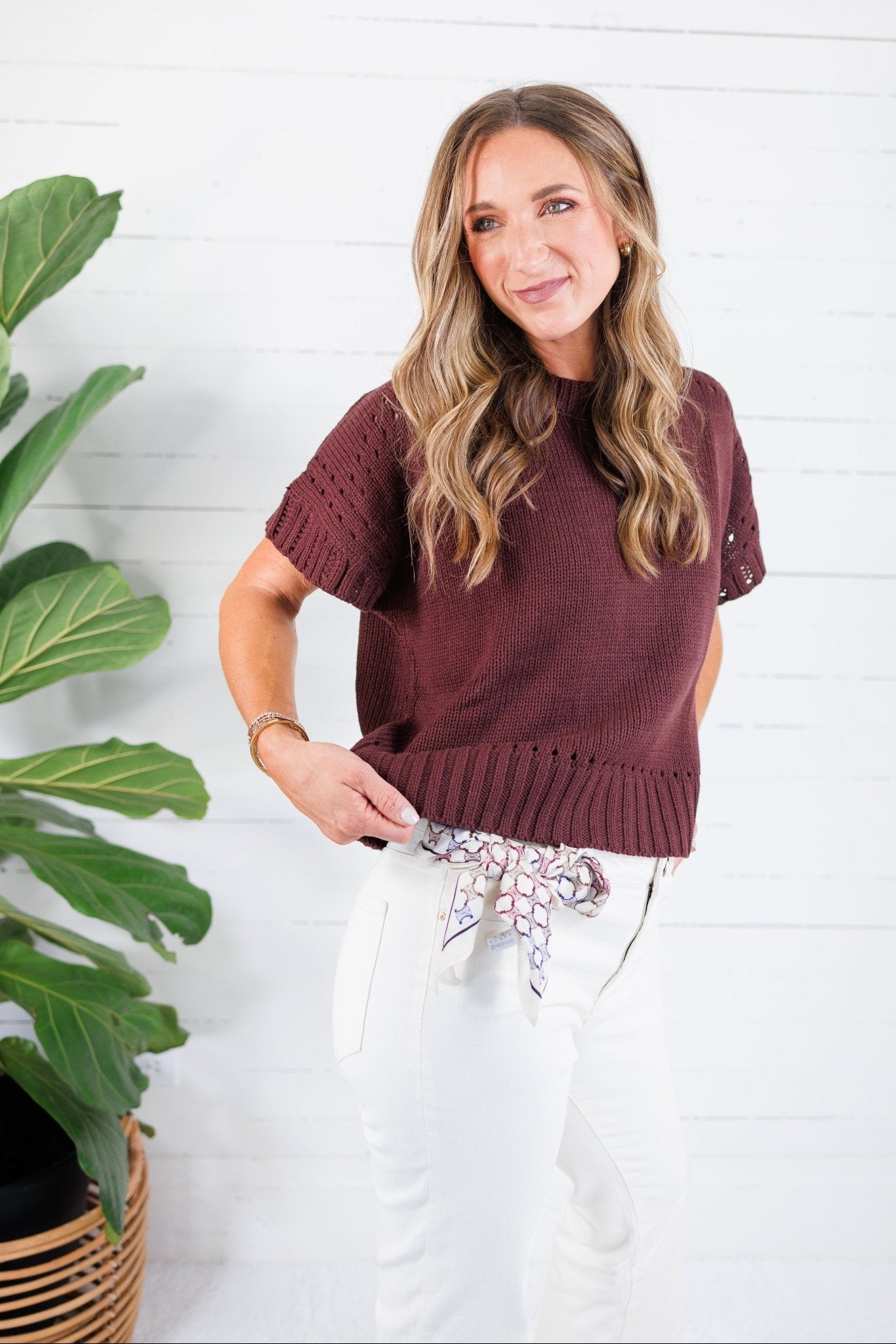 Tuscany Brown Short Sleeve Crewneck Sweater Glam