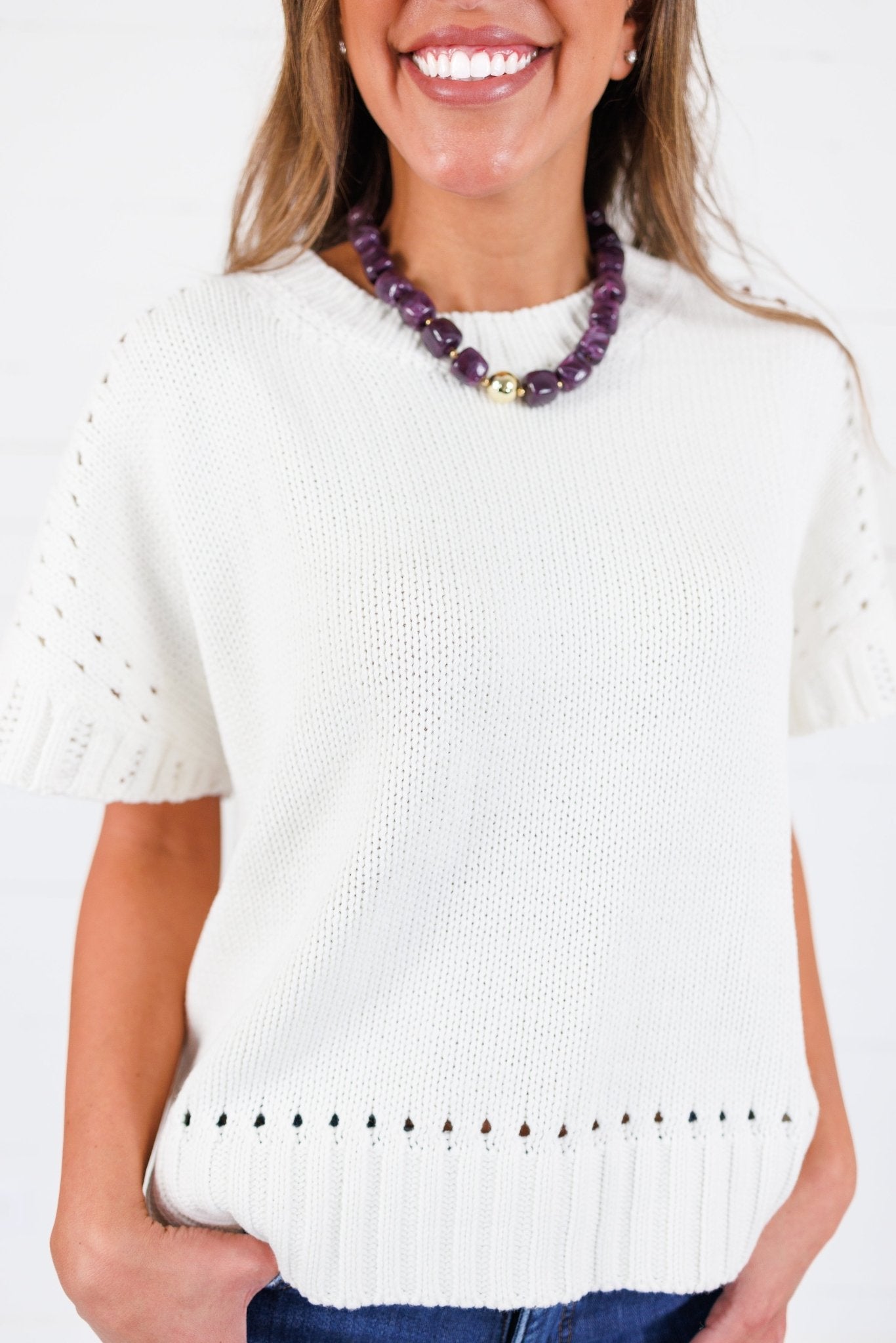 Tuscany Cream Short Sleeve Crewneck Sweater Glam