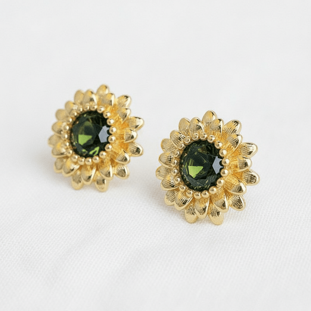 Vintage Olive Green Zircon Sunflower Stud Earrings - A3 Accessories - Jewelry - Earrings - Clover + Bee