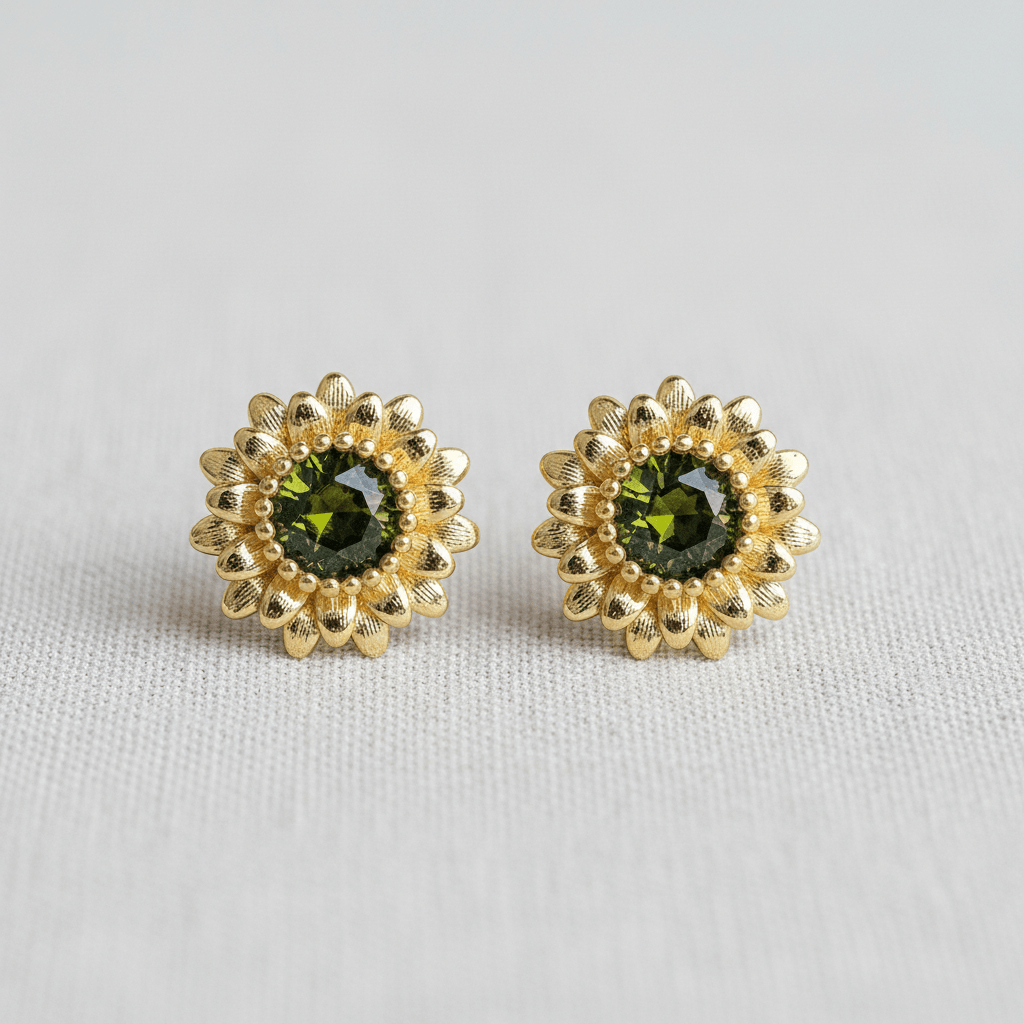 Vintage Olive Green Zircon Sunflower Stud Earrings - A3 Accessories - Jewelry - Earrings - Clover + Bee