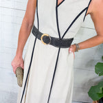 Virginia Natural + Black Trim Belted Linen Maxi Dress Entro