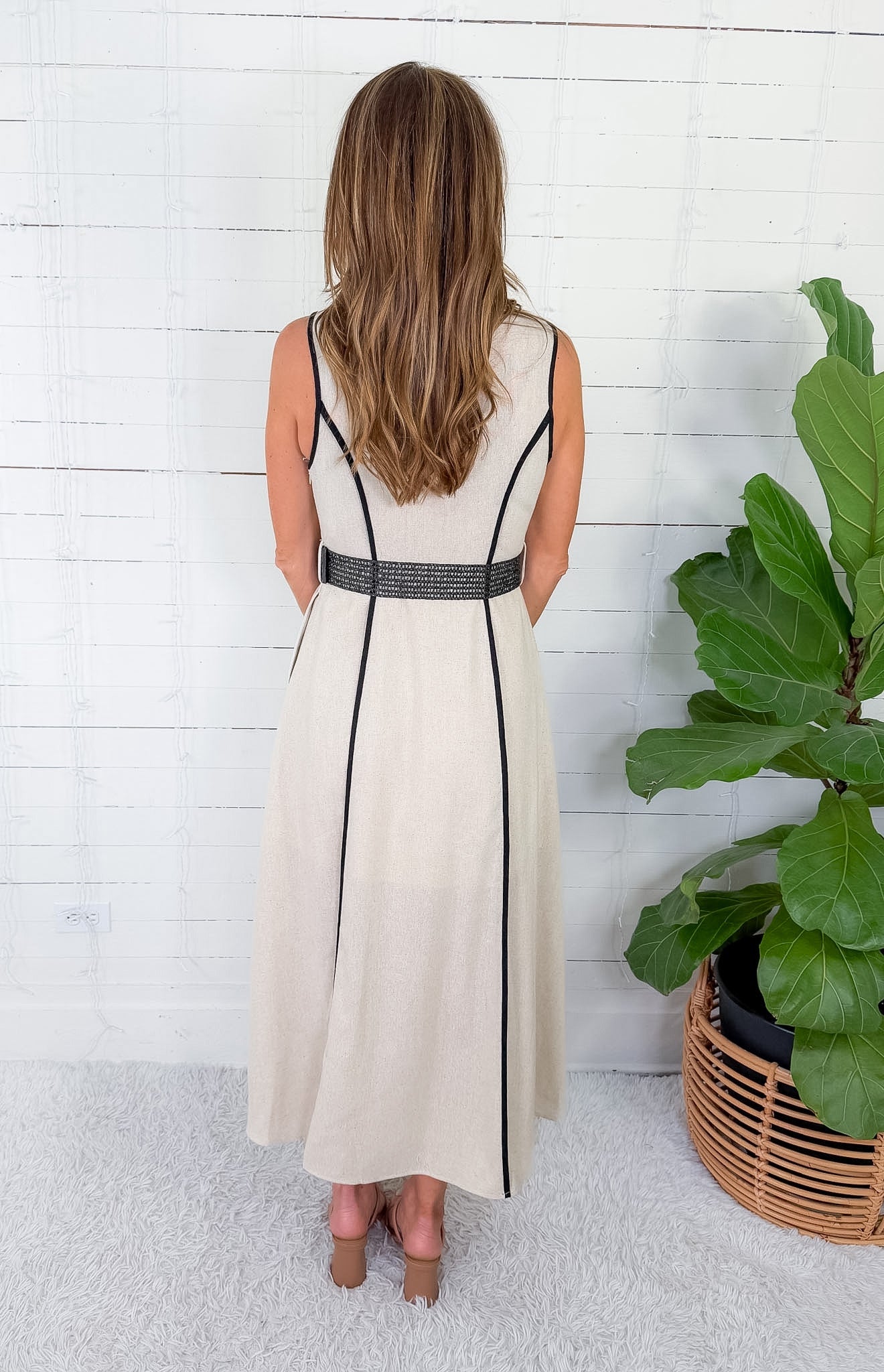 Virginia Natural + Black Trim Belted Linen Maxi Dress Entro