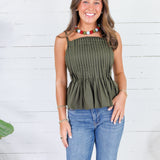 Locke Olive Pleated Poplin Strappy Tank