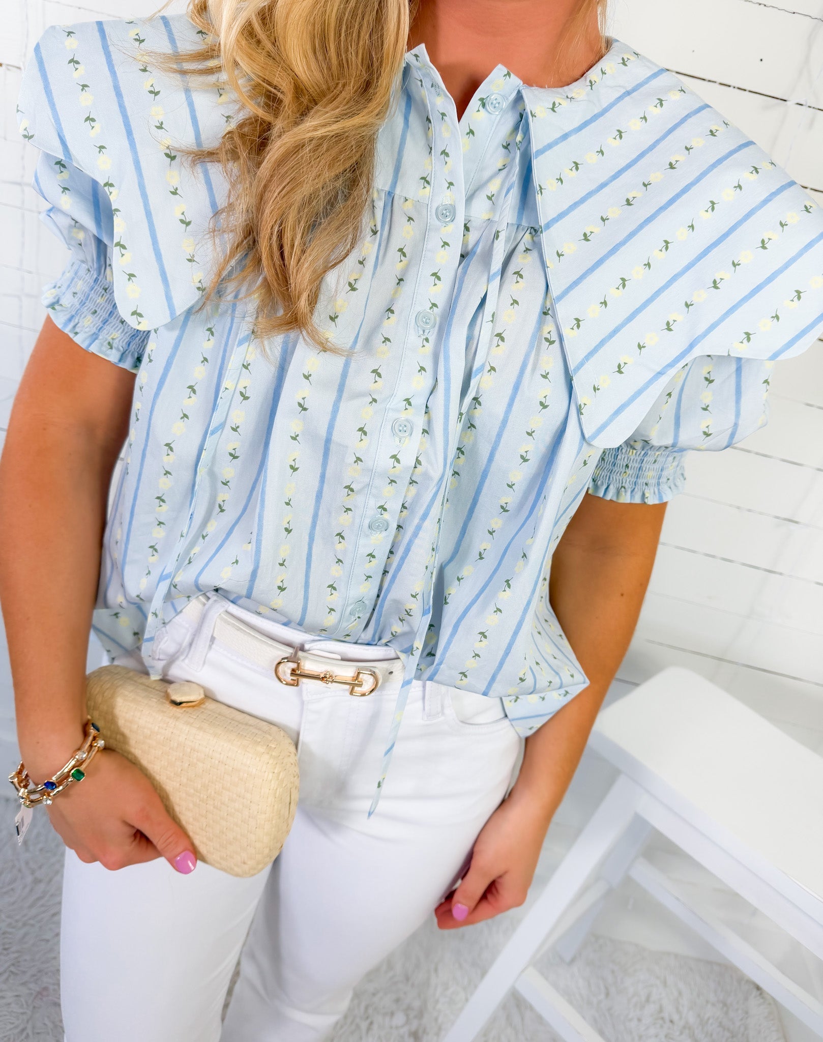 Wallis Blue Floral Stripe Wavy Collar Top Karlie 
