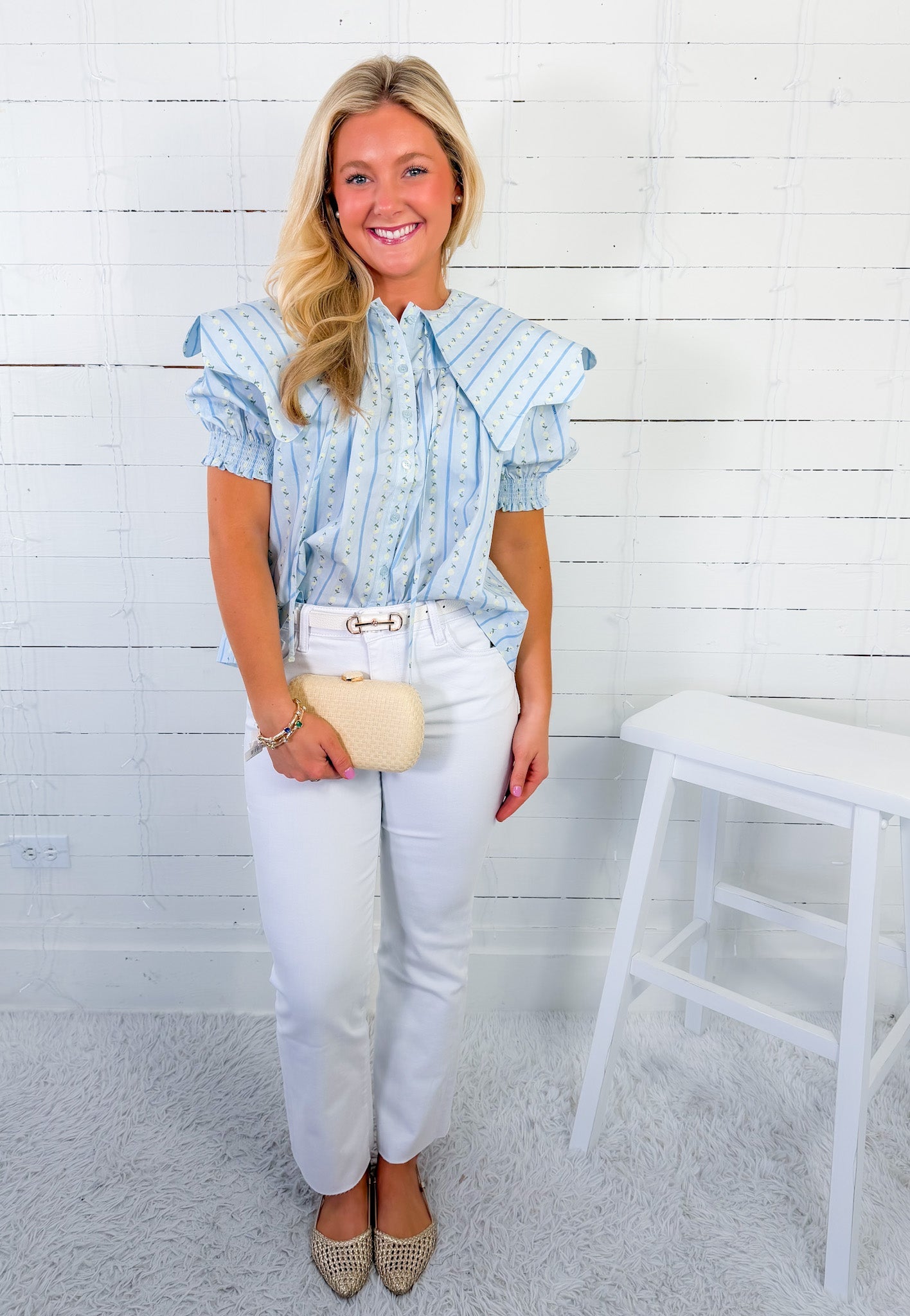 Wallis Blue Floral Stripe Wavy Collar Top Karlie 