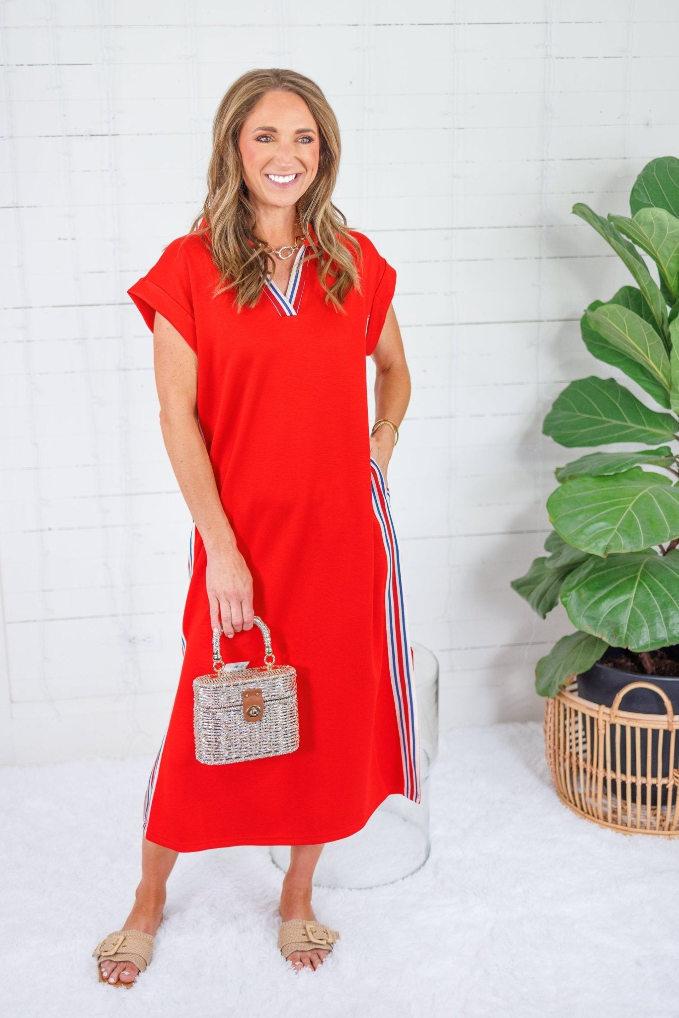 Washington Red + Patriotic Stripe Trim Dress Jodifl