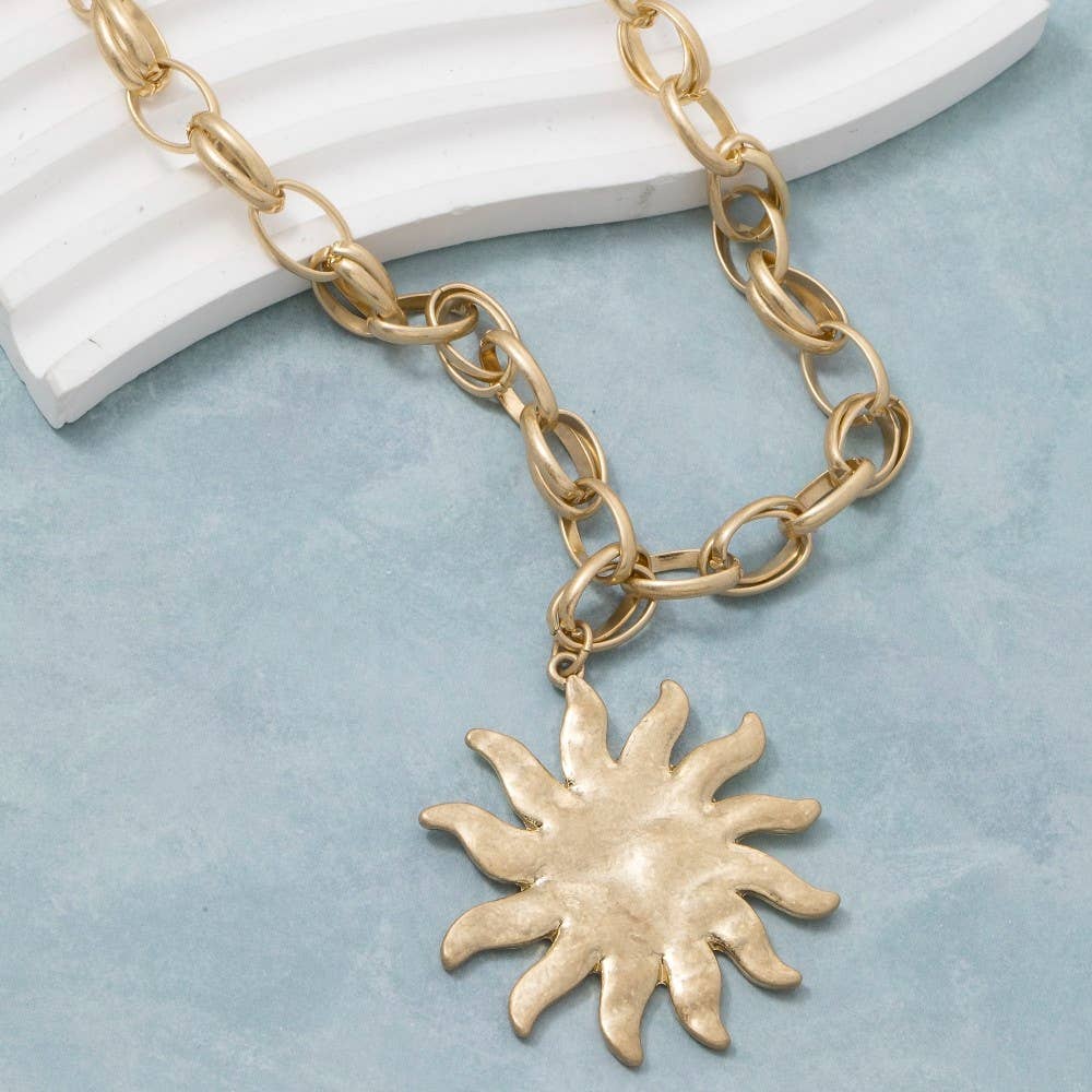 Weathered Metallic Sun Pendant Chain Necklace - A3 Accessories - Jewelry - Clover + Bee