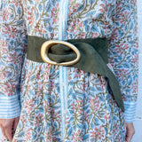 Wide Olive Suede Look Belt with Organic Statement Buckle