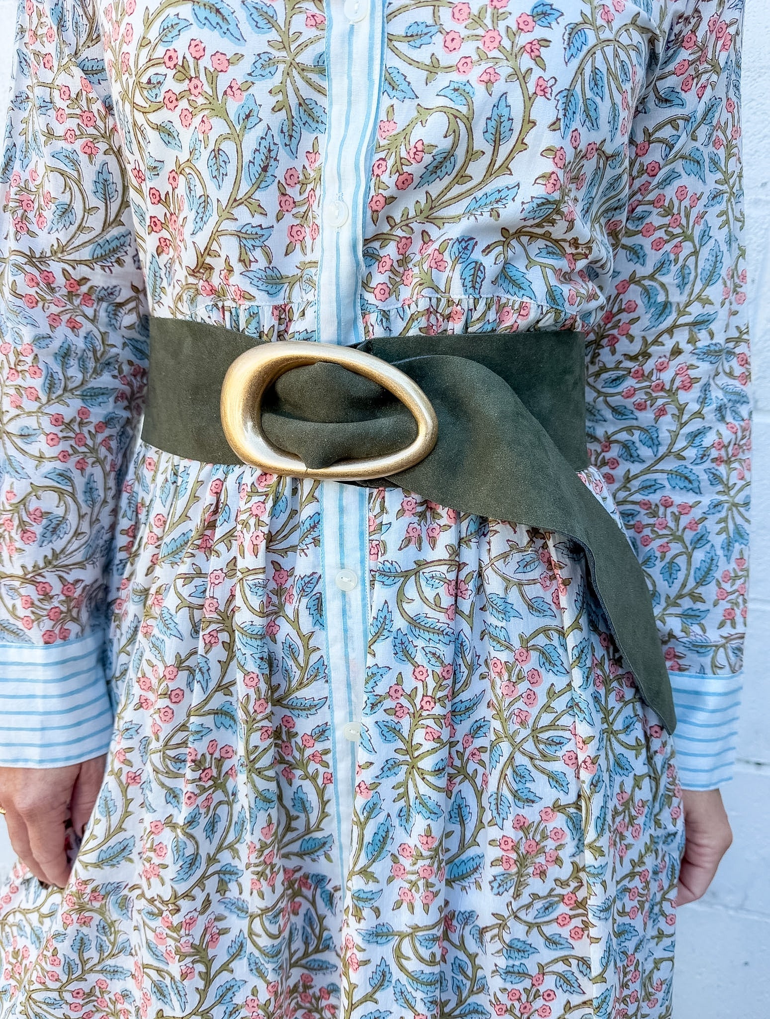 Wide Olive Suede Look Belt with Organic Statement Buckle