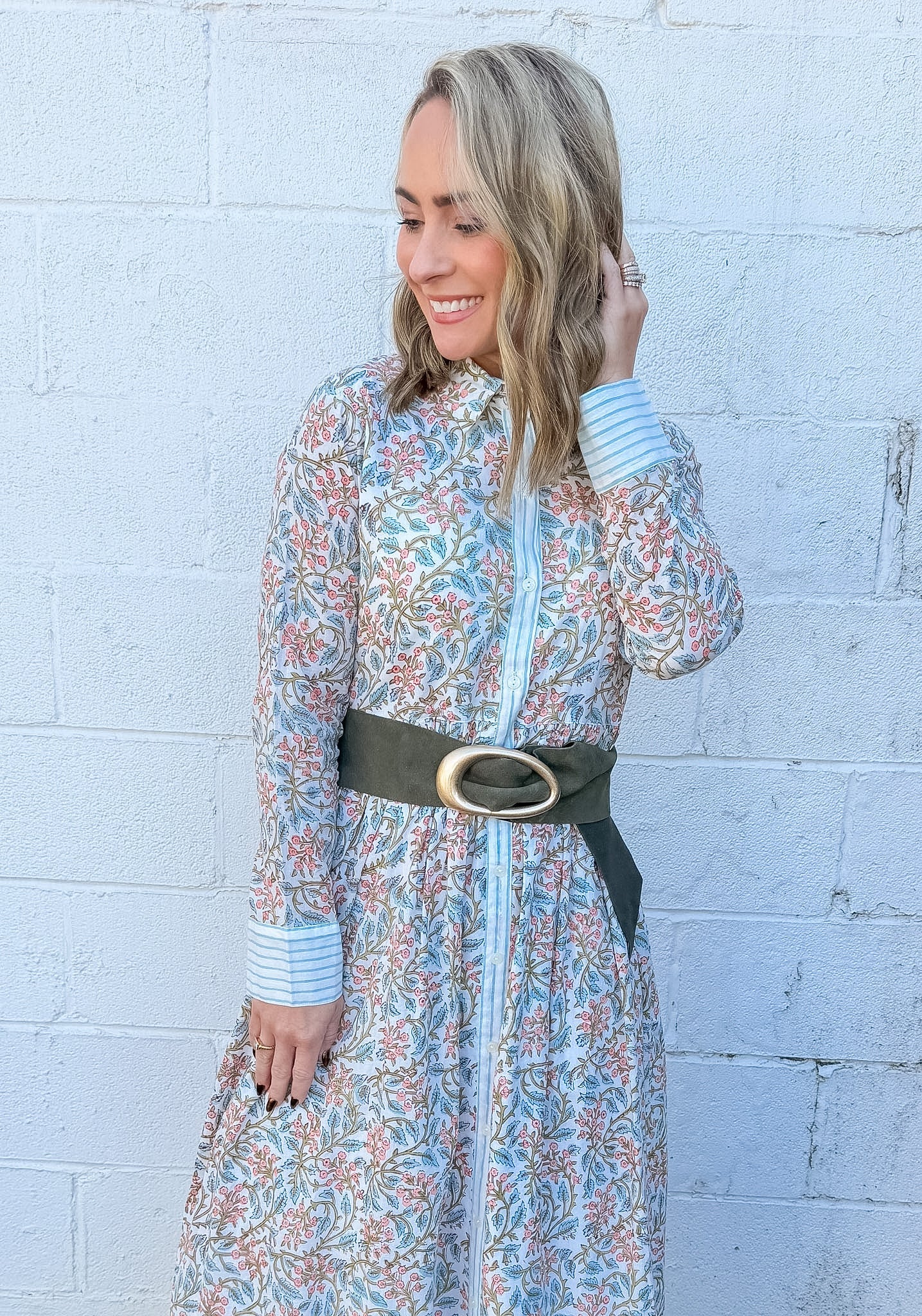 Wide Olive Suede Look Belt with Organic Statement Buckle