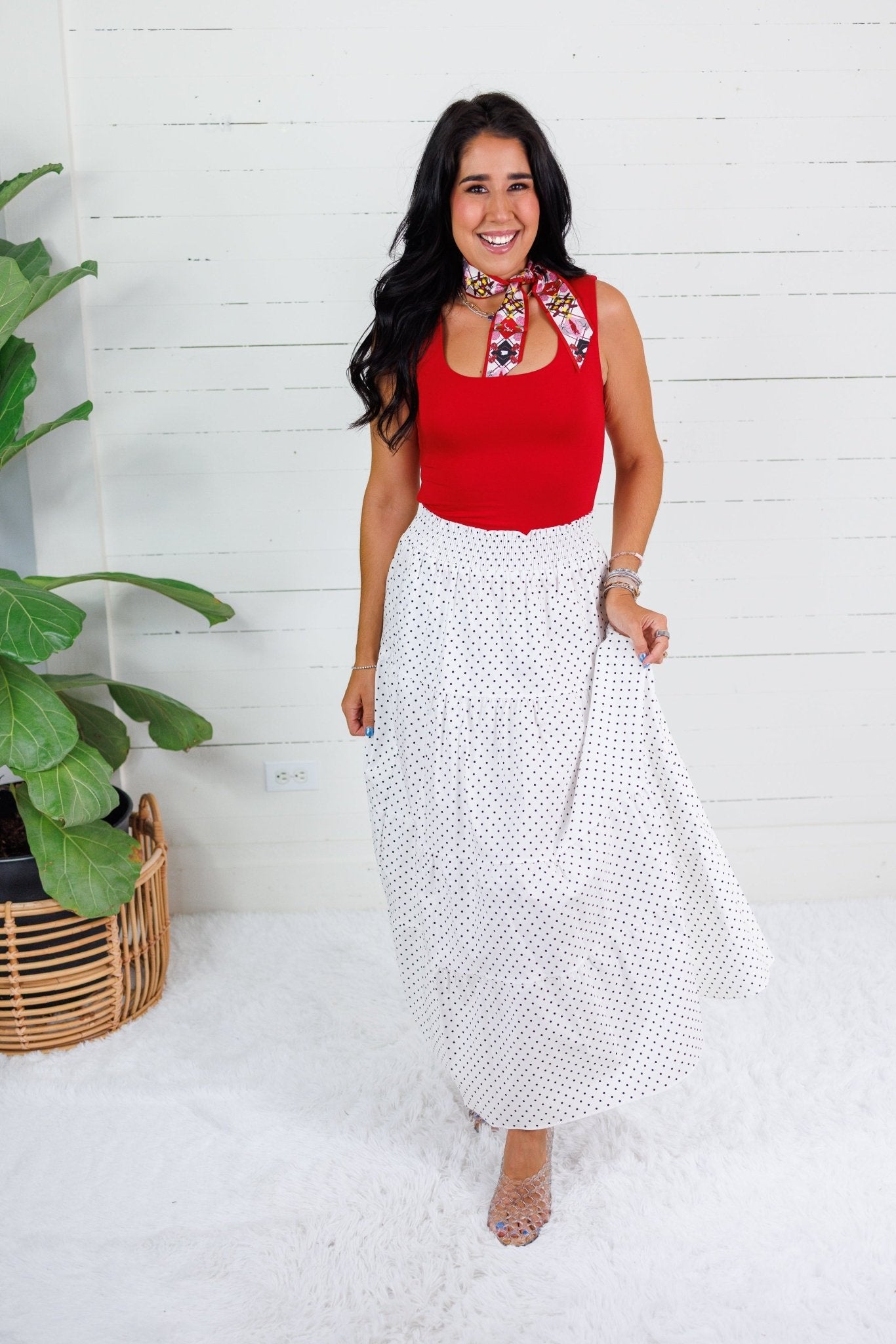 Yasmin Polka Noir Smocked Waist Skirt Adrienne