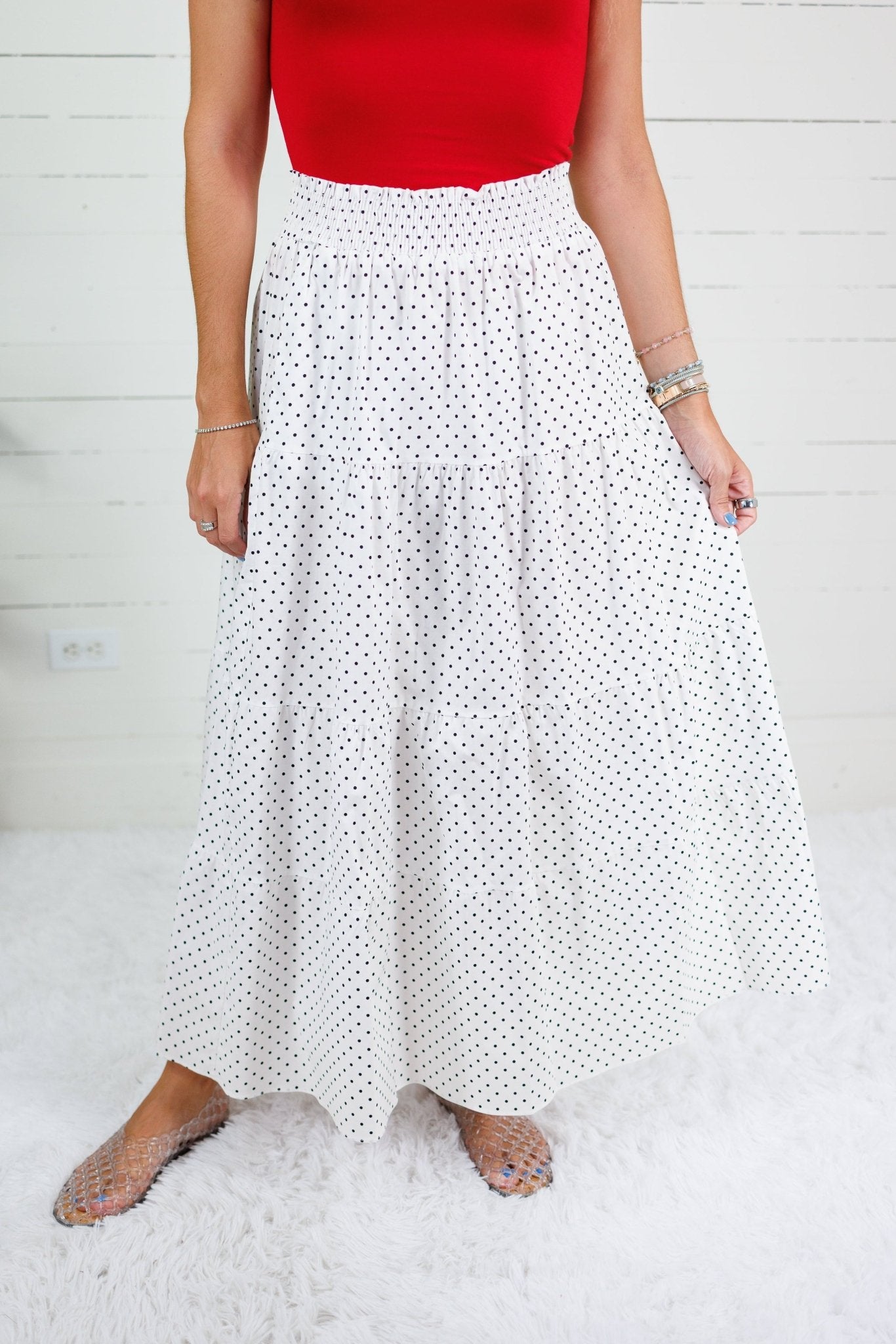 Yasmin Polka Noir Smocked Waist Skirt Adrienne
