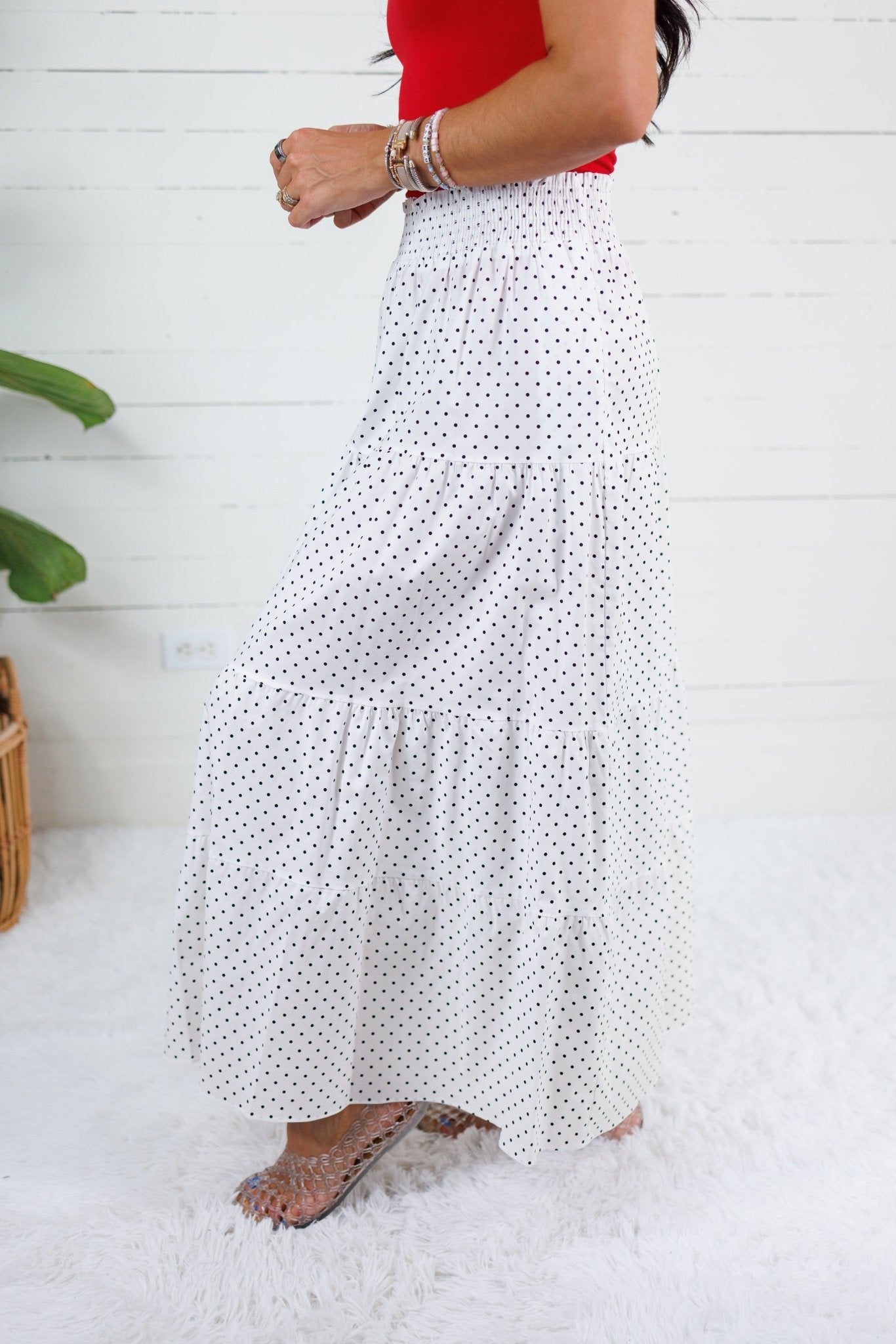 Yasmin Polka Noir Smocked Waist Skirt Adrienne