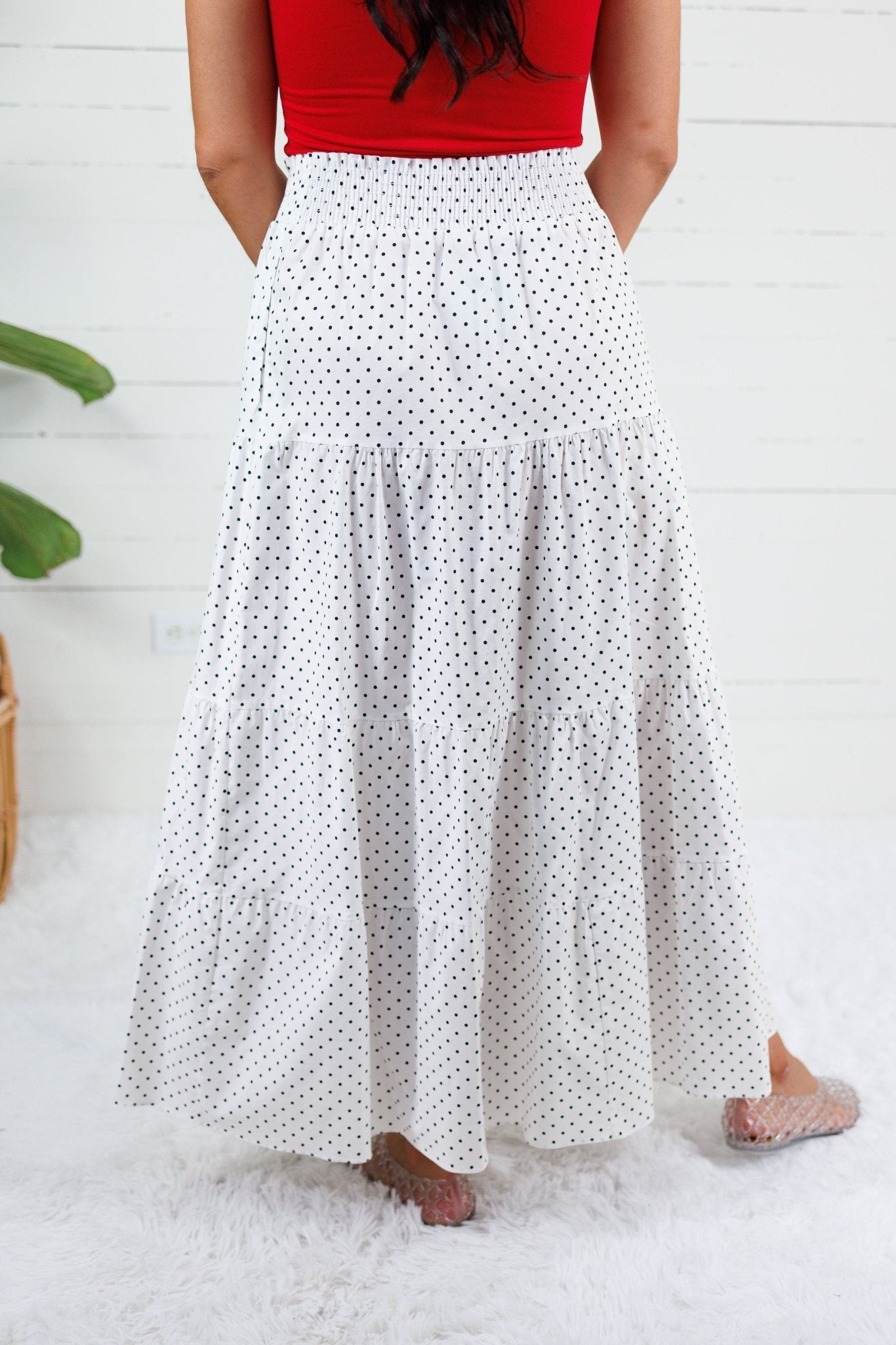 Yasmin Polka Noir Smocked Waist Skirt Adrienne
