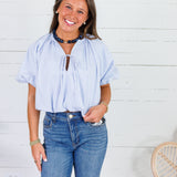 Bonita Blue Stripe Poplin Bubble Hem Top